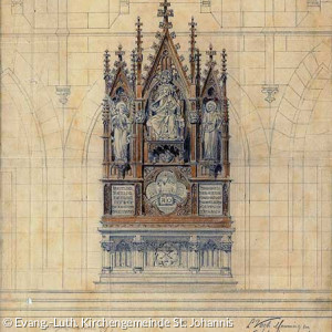 Entwurf für einen Altaraufbau, Leonhard Vogt, Memmingen, 1896 (Quelle: Evang.-Luth. Kirchengemeinde St. Johannis)