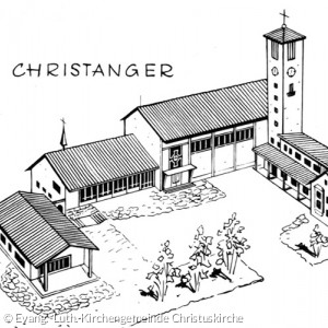 Pfarrhaus, Kirche, Gemeindehaus und Kindergarten im Karree (Quelle: Evang.-Luth. Kirchengemeinde Christuskirche)